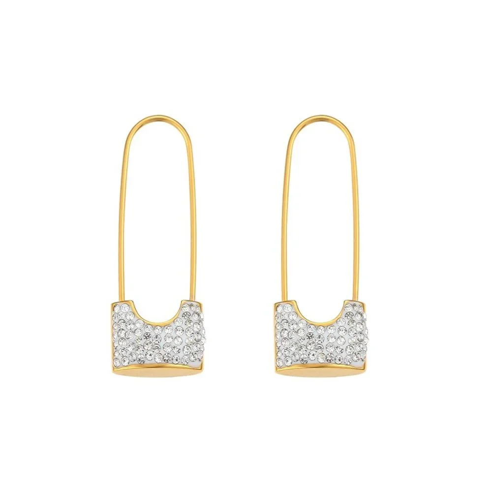Safety Pin Lock White Zircon Dangle Earrings 18K Gold Plated Stainless - Picture 9 of 9